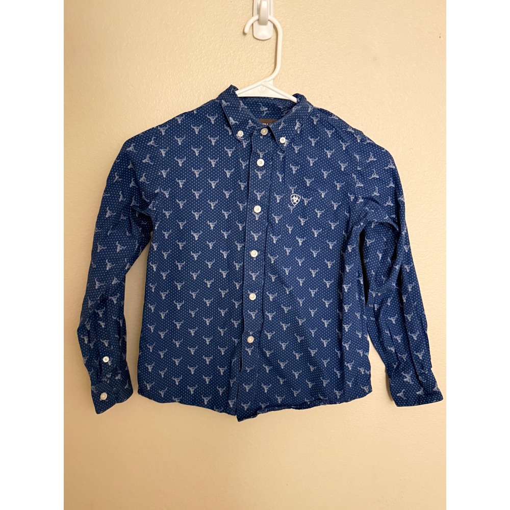 Ariat Boys Blue Steer Skull Print Long Sleeve Western Button Down Shirt Size S 8